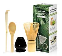 Juego de 4 Piezas Matcha de Ceremonia Japonesa - Batidor de Bambú Natural, Cuchara, Pala y Portabatidor - Caja para la Ceremonia del Té - Negro Brillante