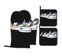 Juego de 4 piezas para hornear de cocina WHJSSF Small Village in the Snow Picture Aislamiento térmico y a prueba de quemaduras para cocina y barbacoa al aire libre