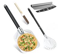 Juego de 4 piezas para pizza, pala perforada de 12 pulgadas + pala de pizza de aleación de aluminio de 9 pulgadas + cortador de pizza profesional + cepillo para horno de pizza de cerdas naturales,