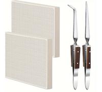 Juego de 4 Piezas para Soldadura de Joyería: Ladrillo Refractario Cuadrado, Pinzas Rectas y Curvas, Térmico para de Joyería, Placa de Soldadura Resistente a Altas Temperaturas con Estructura de Panal