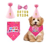 Juego de 4 piezas suministros cumpleaños mascotas, bufanda triangular sombrero cumpleaños, pajarita , parche digital, decoraciones celebración fiestas mascotas pequeñas, medianas, grandes (rosa)
