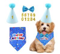 Juego de 4 piezas suministros fiestas cumpleaños mascotas, bufanda triangular perro, sombrero cumpleaños, pajarita perro, parche digital dorado, fiestas mascotas pequeñas, medianas, grandes (azul)