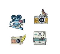 Juego de 4 pines esmaltados de cámara vintage, broches de solapa de aleación para bolsas de ropa, diseño retro de cámara de película "Nice Day", "For You", "Moment", regalos para fotógrafos y amantes