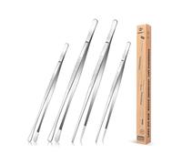 Juego de 4 Pinzas Finas de Acero Inoxidable de 12 y 10 Pulgadas, Largas Profesionales de Cocina Negras para Cocinar, Reparar, Mariscos y Barbacoa (Plateado)
