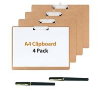 Juego de 4 portapapeles A4, portapapeles de madera MDF A4 con dos bolígrafos, tablero de clip horizontal con clip de perfil bajo para oficina, dibujo, bocetos, arte, suministros de oficina y escuela