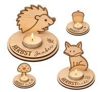 Juego de 4 portavelas de madera con velas de té blancas para otoño | Decoraciones otoñales para el hogar con zorro, erizo, bellota y seta, para mesa, alféizar de ventana