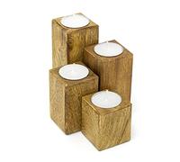 Juego de 4 portavelas de madera de mango | Juego de 4 portavelas votivos de madera con velas de té | Portavelas cuadrados rústicos