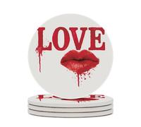 Juego de 4 posavasos absorbentes con texto en inglés "Red Lips Mouth and Word Love"