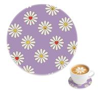 Juego de 4 posavasos de té resistentes a los arañazos, diseño de margaritas sonrientes, color morado y blanco, para mesa, escritorio, taza de café, regalo para mamá y amiga, 4 pulgadas