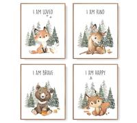 Juego de 4 pósteres artísticos de pared de animales del bosque sin marco, con texto en inglés "I am Kind I am Brave, decoración de guardería del bosque, carteles cristianos para niños, decoración de