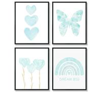 Juego de 4 pósteres decorativos para habitación de niñas pequeñas, color azul, para habitación de niñas, guardería, sueños, grandes impresiones artísticas, acuarela, mariposas rosas, arcoíris