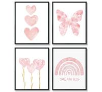 Juego de 4 pósteres decorativos para habitación de niñas pequeñas sin marco, decoración de habitación de niñas rosas, habitación de bebé, sueños grandes, acuarela, mariposa rosa, arco iris, decoración