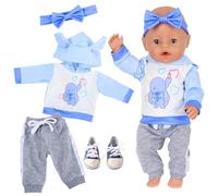 Juego de 4 prendas de muñeca compatibles con muñecas New Born de 35 a 43 cm, ropa azul linda para muñecas de 14 a 18 pulgadas con capucha, pantalones, zapatos, diadema, nuevos
