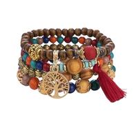 Juego de 4 pulseras apilables bohemias para mujeres, niñas y hombres, juego de cuentas apilables de múltiples capas, cuentas coloridas, árbol de la vida, borlas hechas a mano, joyería hippie, delicado