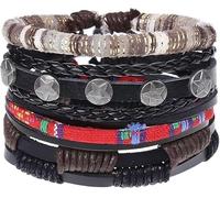 Juego de 4 pulseras de piel para hombre y mujer, cordón trenzado, árbol de la vida, diseño vintage, ajustable, negro/marrón, talla única, bohemio, Mittelgroße, cuero, One Size, Cuero sintético