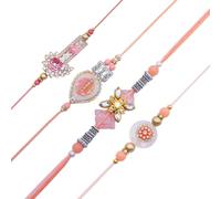 Juego de 4 Rakhi para Brother Rakhi Thread Bracelet Bhai Bhabhi Bhaiya veera Dora Set Bracelet with Pink Silver Stone Rakhee Gift Card Pack for Brother Sister Indian Traditional Raksha Bandhan