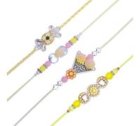 Juego de 4 Rakhi para Brother Rakhi Thread Bracelet Bhai Bhabhi Bhaiya Veera Dora Set Bracelet Yellow White Rose Flower Rakhee Gift Card Pack Brother Sister Indian Tradicional Raksha Bandhan Festival