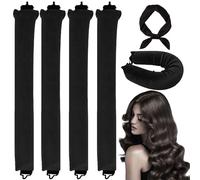 Juego de 4 rizadores de pelo sin calor: rulos con banda para la cabeza y pañuelo cuadrado ajustable para rizos nocturnos, varillas rizadoras sin calor seguras para cabello largo (negro)