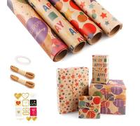 Juego de 4 rollos de papel de regalo, 43 cm x 300 cm, papel de regalo de cumpleaños, papel de estraza vintage con pegatinas y cuerda de yute, papel para envolver regalos para Navidad