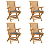 Juego de 4 Sillas de Jardín con Cojines, Teca Maciza Natural, Plegables y Resistentes a la Intemperie, Sillones de Jardín, Sillón Exterior, para Terraza Patio o Balcón, Color Gris, 55x60x89 cm