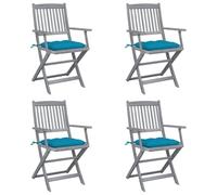 Juego de 4 Sillas Plegables de Jardín con Cojines, Madera de Acacia Maciza, Estructura Plegable y Resistente a la Intemperie, Sillones de Jardín Exterior, Azul Claro y Gris, 54 x 57 x 91 cm