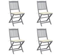 Juego de 4 Sillas Plegables de Jardín con Cojines, Sillones Exterior de Madera de Acacia Maciza, Diseño Plegable y Resistente a la Intemperie,Patio o Jardín, Color Gris y Crema, 48.5 x 57 x 91 cm