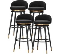 Juego de 4 taburetes giratorios de Altura de mostrador con Respaldo bajo y reposapiés. Taburetes de Lujo de Terciopelo para Bar en casa o Isla de Cocina. Patas de Metal Negro (Noir, 65 cm)