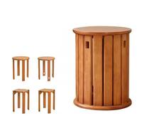 Juego de 4 taburetes redondos de madera maciza, sillas de comedor apilables multifuncionales y mesa auxiliar para decoración moderna de sala de estar y dormitorio (marrón claro)