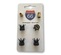 Juego de 4 Tapas de válvula + 2 adaptadores de Bicicleta - Corona Negra para Cualquier Coche, Motocicleta y Bicicleta