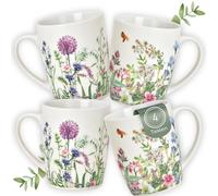 Juego de 4 tazas con diseño de flores primaverales - Hermosas tazas de café de porcelana en 300 ml para capuchino, café, té - tazas de café excepcionales aptas para lavavajillas y microondas como