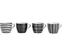 Juego de 4 tazas de café, 10 cm de altura, 8 cm de diámetro, 300 ml de capacidad, diseño de rayas y cuadros de color blanco y negro