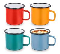 Juego de 4 tazas esmaltadas: 350 ml, reutilizables, vasos esmaltados con asa, tazas de café rojas, azules, verdes, amarillas, portátiles, para camping, oficina, casa, fiesta