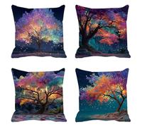Juego De 4 Terciopelo Funda Cojin 80 x 80,Colorido Fundas Cojines Duradero,Exterior Decoracion Cushion Cover Hogar Fundas De Cojines Cuadrado, Cremallera Oculta, Árbol 1 para Sofá Jardin Four F0P-349
