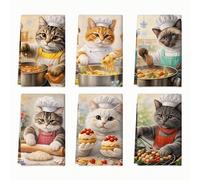 Juego de 4 toallas de cocina con diseño de gato, utensilios de cocina con sombrero de chef juguetón N/A tonos cálidos, accesorios de cocina reutilizables, decoración de vacaciones, 16 x 24 pulgadas