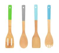 Juego de 4 utensilios de cocina, cucharas de cocina de bambú, juego de espátulas, accesorios de cocina para cocinar, utensilios de cocina de bambú, mangos pintados al azar, perfecto para