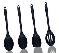 Juego de 4 Utensilios de Cocina de Silicona, Espátula de Cuchara de Silicona Grandes Antiadherentes, Cucharas Ranuradas Negras Resistentes al Alor para Cocina y hornear (27,5 cm)