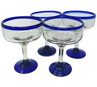 Juego de 4 vasos de margarita mexicanos soplados a mano de vidrio soplado a mano borde azul cobalto 473 ml