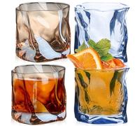 Juego de 4 vasos de whisky de 200 ml, irregulares, plegables, de cristal, doble antiguo, irregulares, para papá, marido, amigos (ámbar+azul hielo)