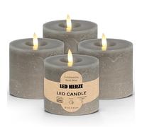 Juego de 4 velas LED de cera auténtica con función de temporizador, incluye mando a distancia, llama parpadeante realista, blanco cálido, diámetro 10 x 9 cm, velas eléctricas de cera en color topo