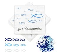 Juego de 40 servilletas para comunión y 60 peces de madera, decoración de comunión, color azul y blanco, decoración de mesa para fiestas, primera comunión, regalos para invitados, 3 colores de madera