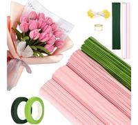 Juego de 400 limpiadores de pipas para manualidades, con palitos de flores verdes, paquetes de ramos, rollos de cinta adhesiva, instrucciones, cintas, papel de regalo para manualidades, color rosa