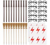 Juego de 42 accesorios de fiesta de magos: 10 lápices de varita mágica, 10 lápices de escoba de bruja, 10 marcos redondos sin vasos, 12 tatuajes de rayo, adecuados para fiestas temáticas mágicas