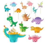 Juego de 48 envoltorios de dinosaurio para cupcakes, decoración de pasteles, 24 moldes para cupcakes de dinosaurio y 24 decoraciones de pastel de dinosaurio para cumpleaños, eventos, fiestas, animales