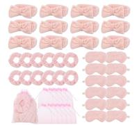 Juego de 48 suministros de fiesta de pijamas de spa para niñas, 12 diademas de spa rosas, 12 máscaras rosas para dormir, 12 coleteros de terciopelo rosa, 12 bolsas de organizador para fiesta de