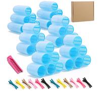 Juego de 49 rodillos para cabello largo, mediano y corto, sin calor, con rodillos de autoagarre, 12 clips, 3 tamaños de rizadores, caja de almacenamiento, volumen y rizos fáciles (azul, estándar)