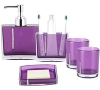 Juego de 5 Accesorios de Baño de Acrílico, Conjunto de Suministros de Lavado para baño, Incluye 1 Botella de Emulsión, 1 Portacepillos de Dientes, 1 Jabonera y 2 Tazas de Gárgaras (Púrpura)