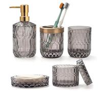 Juego de 5 Accesorios de Baño de Cristal Gris Dispensador de Loción, Jabonera, Soporte para Cepillo de Dientes, Vaso, Tarros de Hisopo de Algodón, Decoración Moderna de Baño, Regalo Vintage