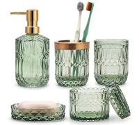 Juego de 5 Accesorios de Baño de Cristal Verde Dispensador de Loción, Jabonera, Soporte para Cepillo de Dientes, Vaso, Tarros de Hisopo de Algodón, Decoración Moderna de Baño, Regalo Vintage