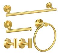 Juego de 5 accesorios de baño de oro cepillado que incluye toalleros de 16 pulgadas, soporte para papel higiénico, anillos y ganchos, elegante decoración dorada para el baño