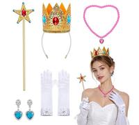Juego de 5 accesorios de corona de princesa, juego de disfraz de princesa para niñas, accesorios de vestir con cetro de corona, collar, aretes, guantes, ideal para fiestas de cumpleaños, eventos de